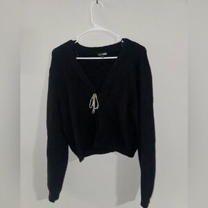 Fashion Nova Black Ribbed Cardigan with Rhinestone Bow